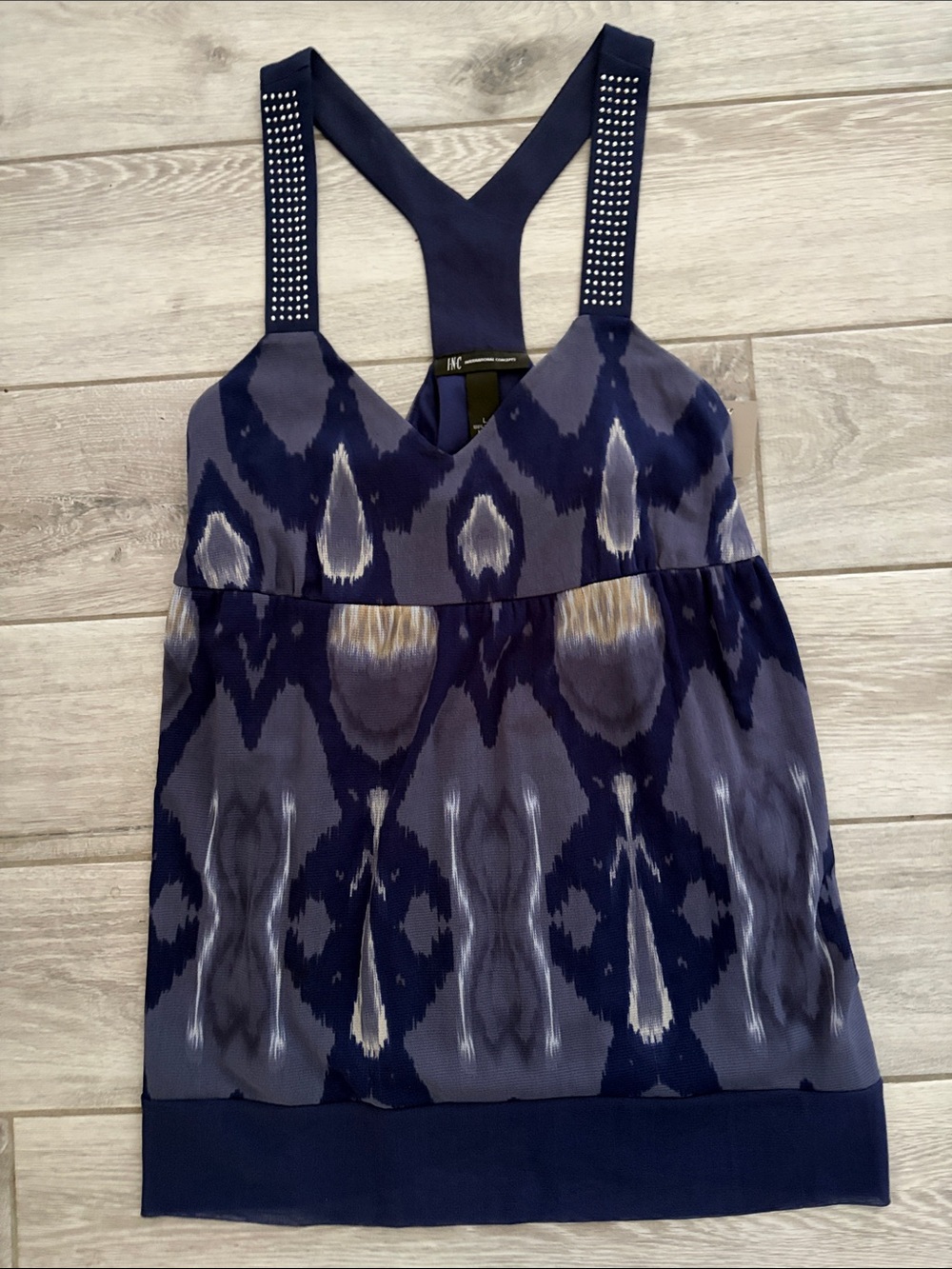 INC Navy and Gray Ikat Racerback Camisole with Embellished Straps